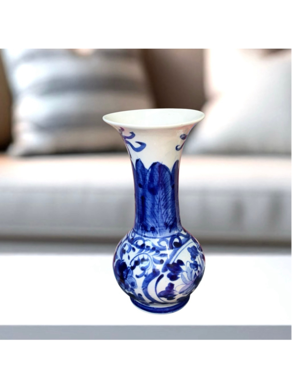 Hand Painted Blue White Decor Cobalt Floral Ceramic Pottery Bud Vase 7.5”